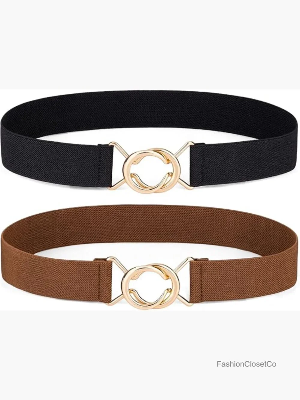 2 Pack Elastic Waist Belts for Women with Gold Buckle, Stretchy Dress Belt
